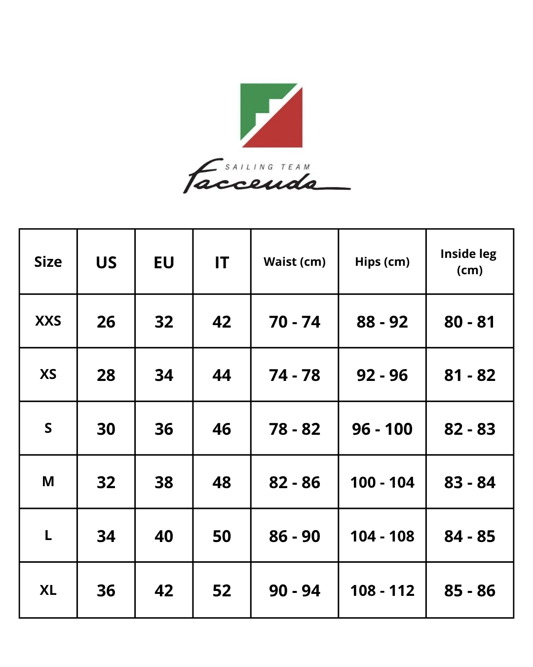 Pantalone Sailing Faccenda Unisex Tabella Taglie